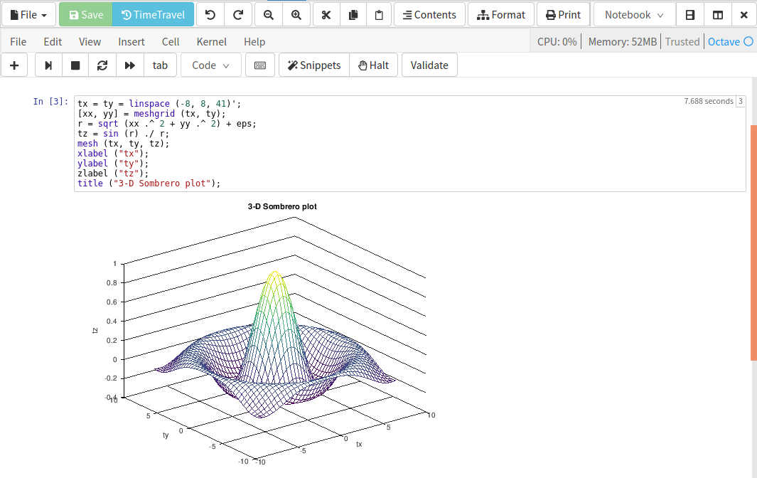 Plotting a Sombrero in a Jupyter notebook using Octave