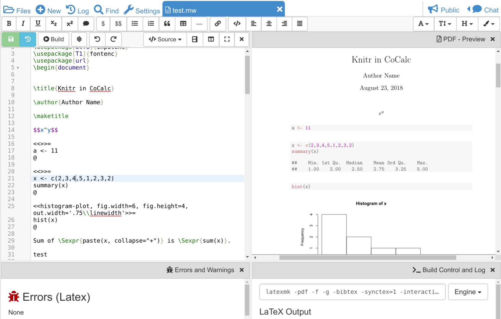Using Knitr in CoCalc to create an R-enhanced LaTeX document.