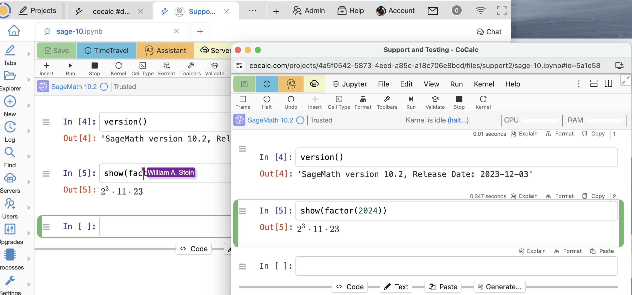 Two browser windows editing the same Jupyter notebook