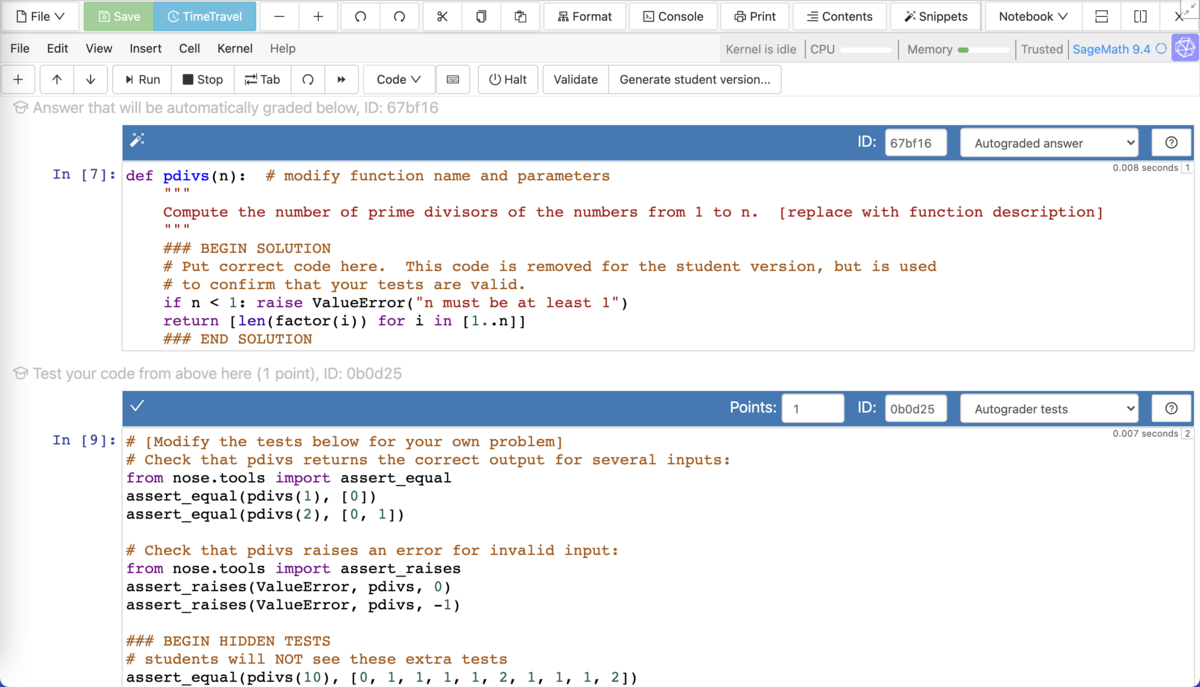 A screenshot using nbgrader with SageMath.